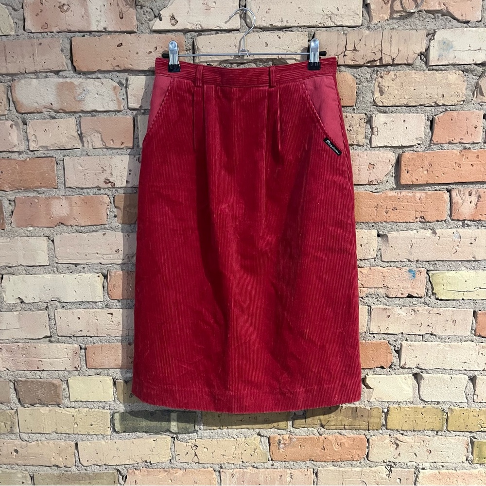 VTG 1980/90s PEPPERONE red corduroy midi skirt waist 26”